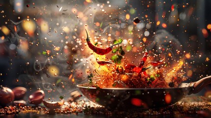 Stir-fry with red peppers in flaming wok - obrazy, fototapety, plakaty