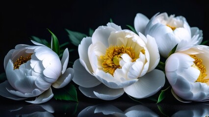 Fototapeta na wymiar four exquisite white peonies with golden centers reflected on the surface against black background. concepts: wedding decor, skincare, wellness, natural beauty, anniversary, florists promotion, purity