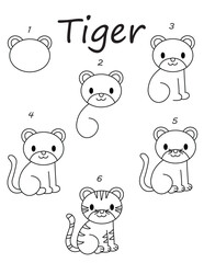 Obraz na płótnie Canvas Drawing tutorial. Art lesson. Teach how to draw a tiger. Kids activity page. Children education step by step worksheet. Vector illustration.