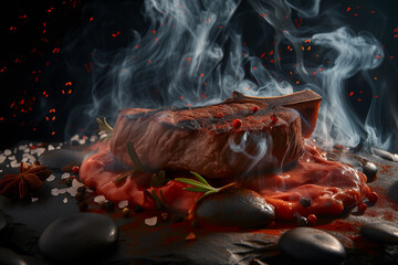 A steak covered in sauce and smoke, on a dark surface with spices and rocks