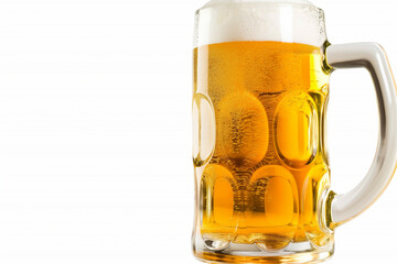 A glass mug filled with a golden yellow beer, topped with a white foam.