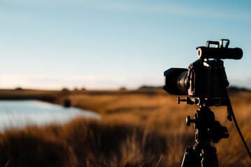 A camera on a tripod facing a beautiful mountain landscape.