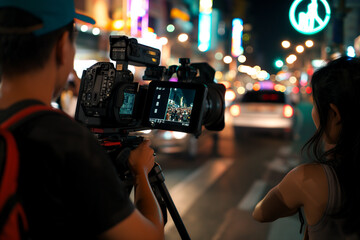 A man takes a video at night and holds the video camera on a tripod. Cars and neon signs are blurred in the background.