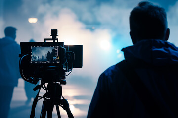 In the image, there is a man standing in front of a video camera. The background is foggy, and there are two other people standing in the distance. The scene has a blue hue.