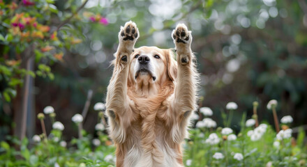 Golden retriever standing with its paws up in the air, summer park green background