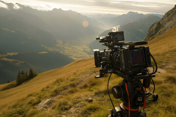 A camera on a tripod facing a beautiful mountain landscape.