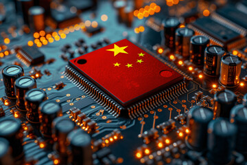 Chinese Flag Computer Chip - obrazy, fototapety, plakaty