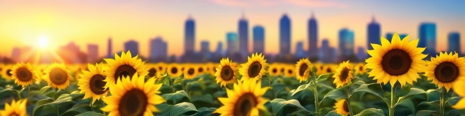 Abstract midsummer colorful illustration of field of sunflowers on big city background, ecology theme, blurred background for social media banner, website and for your design, space for text	