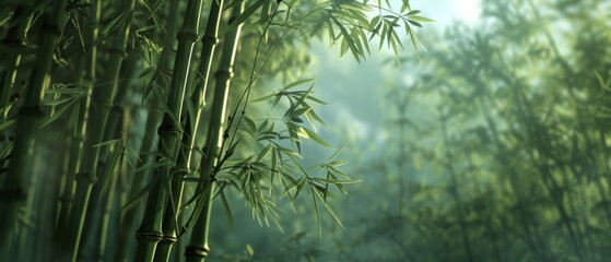 A wide panorama of a dense bamboo forest, with morning sunlight filtering through the fog, casting...