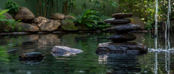 Zen stone arrangement on a reflective pond in a lush garden, with water gently streaming down, adding to the serene ambience