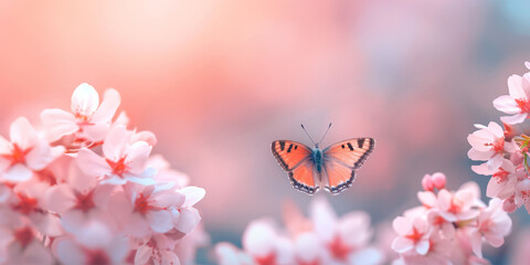 A solitary monarch butterfly gracefully hovering over delicate cherry blossoms with a soft, warm glow