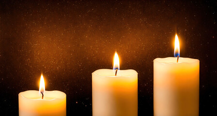Three white candles on a dark background.