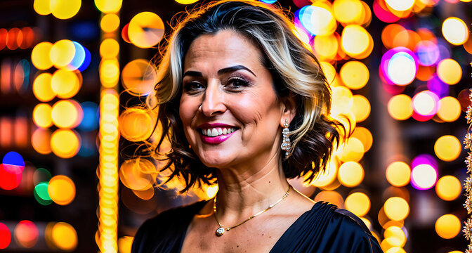 A woman standing in front of a colorful background with lights.