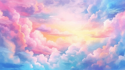 Beautiful colorful serene pastel blue pink and yellow sky with clouds. Colorful sunrise or sunset. Wide Panoramic view illustration. - obrazy, fototapety, plakaty