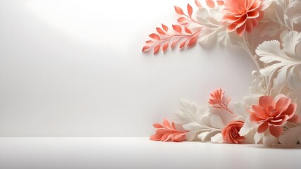 A white backdrop design with a slender, hardly noticeable coral flower frame and lone leaves