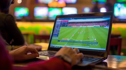 A person is playing a video game on a laptop in a bar. The bar has several TVs showing different sports games