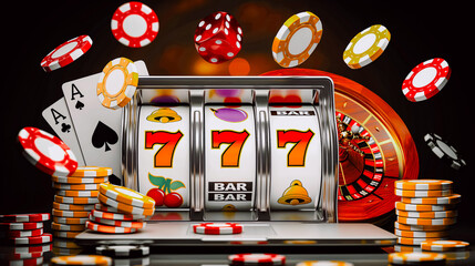 A casino game with a slot machine that has the number 777 on it. There are also a bunch of poker chips and a clock - Powered by Adobe