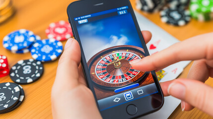 A person is playing a bet game on their phone, with a table full of poker chips in the background - obrazy, fototapety, plakaty