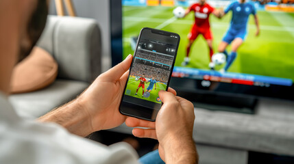 A man is holding a cell phone and watching a soccer game on a television. The man is focused on the game and he is enjoying it - obrazy, fototapety, plakaty