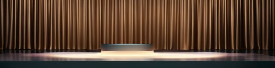 Runway and stage in muted golden pastel colors, stage light on top. Background and empty showcase for product presentation.	