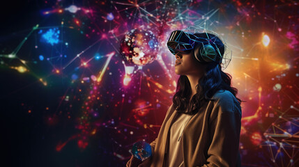 Portrait of girl wearing VR headset in colourful neon light, in futuristic world. Explores the metaverse's virtual space. Virtual reality and future technology concept.