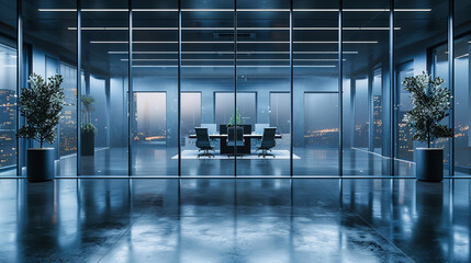 Modern Corporate Meeting Room with Sleek Furniture and City View, Business and Design Concept