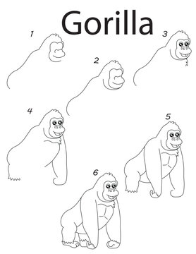 Step by step to draw a Gorilla. Drawing tutorial a Gorilla. Drawing lesson for children. Vector illustration
