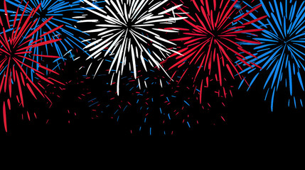 Explosions of red, white, and blue fireworks light up the darkness against a black background. The vibrant colors create a stunning display as the fireworks burst and shimmer in the sky