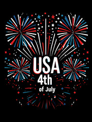 A fireworks display lights night sky in celebration of USA Independence Day, featuring vibrant bursts of red, white, and blue accompanied by stars and the text USA 4th of July centrally placed