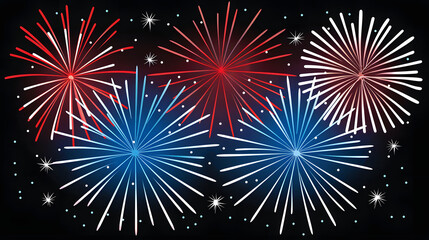 A show of red, white, and blue fireworks lighting up the night sky in a dazzling spectacle of colors and patterns. The fireworks burst  with bright flashes of color, creating a festive atmosphere.