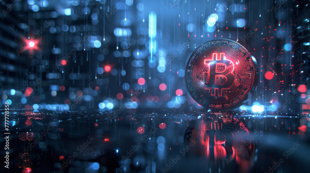 Aufkleber digital illustration of a glowing bitcoin symbol with financial data backdrop
