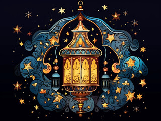 Ramadan Kareem Border, Islamic art Style Background. Symbols of Ramadan Mubarak, Hanging Gold Lanterns, arabic lamps, lanterns moon, star vector and illustration