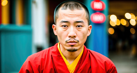 A man wearing a red robe standing in front of a building.