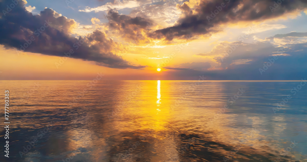 Poster the sun is setting over the ocean, casting a warm glow on the water. the sky is filled with clouds, 