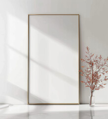 Minimalist Gold Frame on Plain Background with Natural Accent