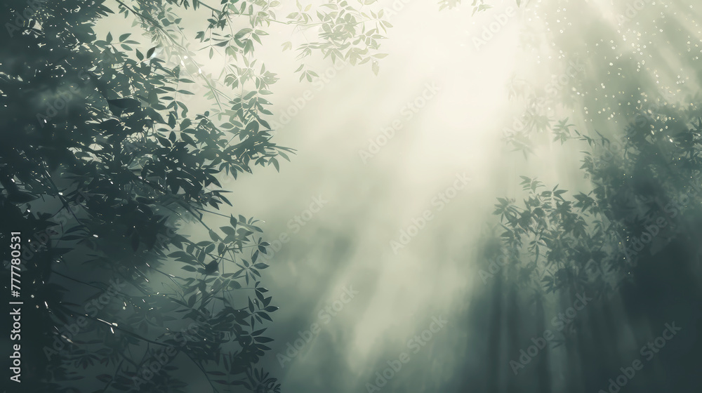 Poster a mist foggy forest with trees and sunlight shining through the leaves