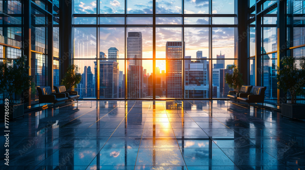 Aufkleber a large, empty room with a view of the city and a large window. the sun is setting and the sky is a 