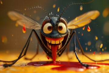 cartoon mosquito character smiling with blood drop on honey background, three dimensional  - obrazy, fototapety, plakaty