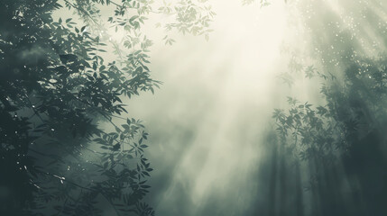 A mist foggy forest with trees and sunlight shining through the leaves