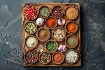 Obraz na płótnie Canvas A variety of spices and herbs neatly arranged in wooden bowls on a dark surface, showcasing colors and textures.