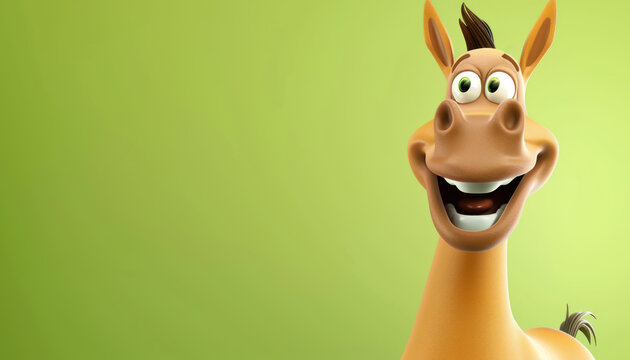 cheerful cartoon horse character smiling with green background, copy space for text 