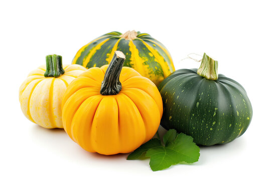 Four different colored pumpkins are arranged on a white background