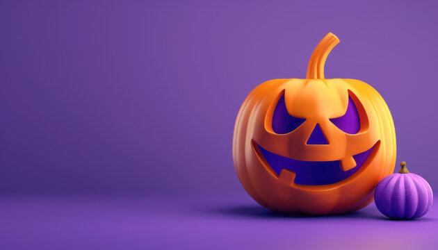  illustration of pumpkin jack o lantern with spooky cutout face on purple, free space for text 