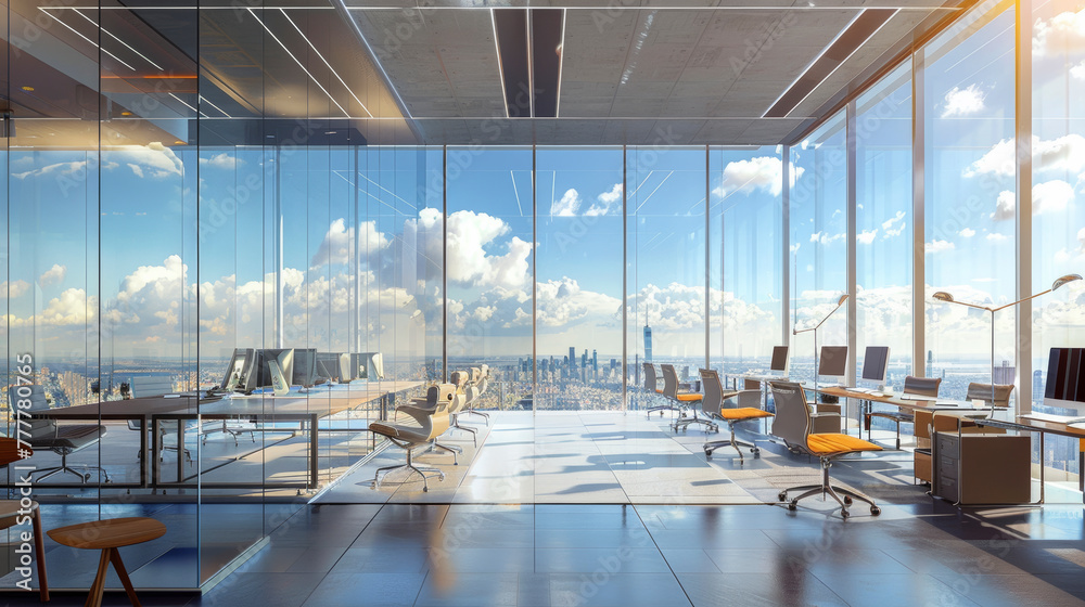 Poster A large open office space with a view of the city. The room is filled with desks, chairs, and computer monitors. The atmosphere is professional and modern