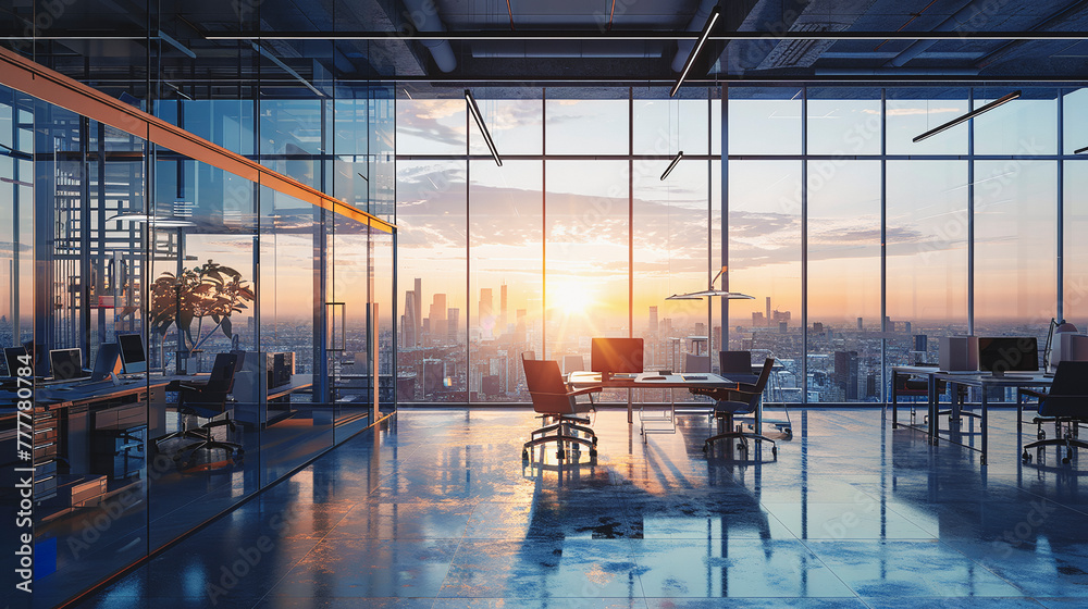 Aufkleber a large office space with a view of the city and a large window. the room is filled with chairs and 