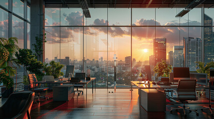 A large office space with a view of the city and a sunset. The room is filled with plants and has a modern design