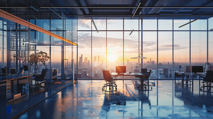 A large office space with a view of the city and a large window. The room is filled with chairs and desks, and the sun is setting in the background