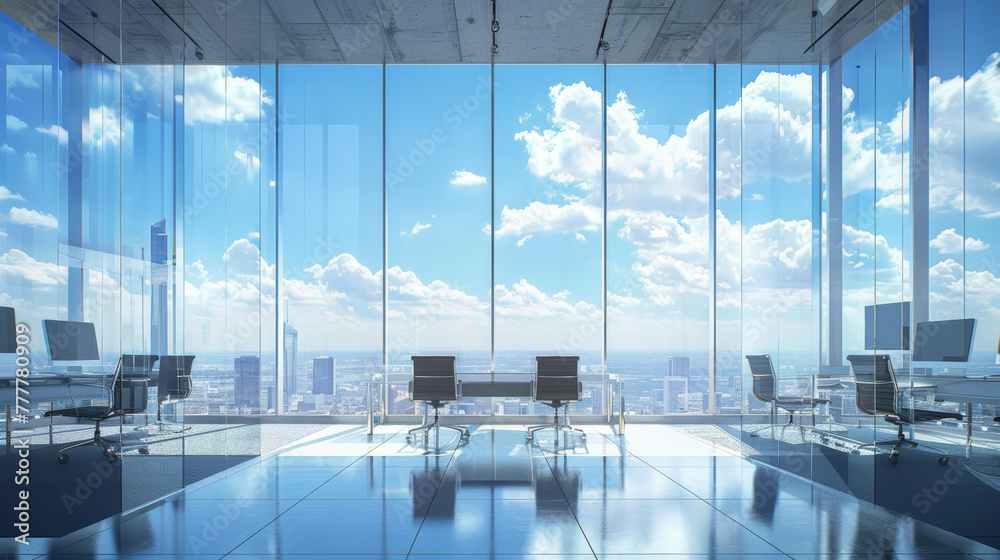 Aufkleber a large open office space with a view of the city. the room is filled with desks, chairs, and comput