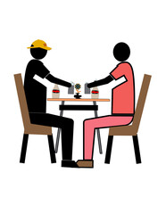 Two men sitting at a table with a flower vase in the middle