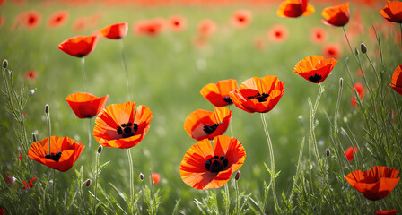 Obraz premium A field of red poppies swaying in the breeze.